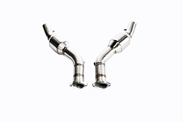 A front view of IPE SS Catted Downpipe for Ferrari 360 Modena / Spider 2000-2004 with white background