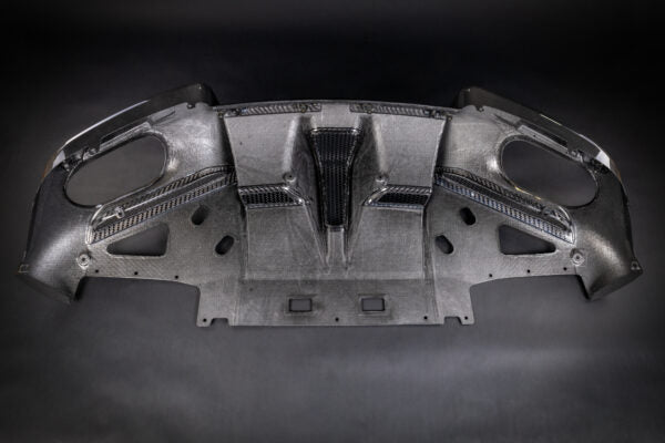 wide top view of Capristo Carbon Fiber Rear Diffuser For Ferrari Roma 2020-2024 with black background