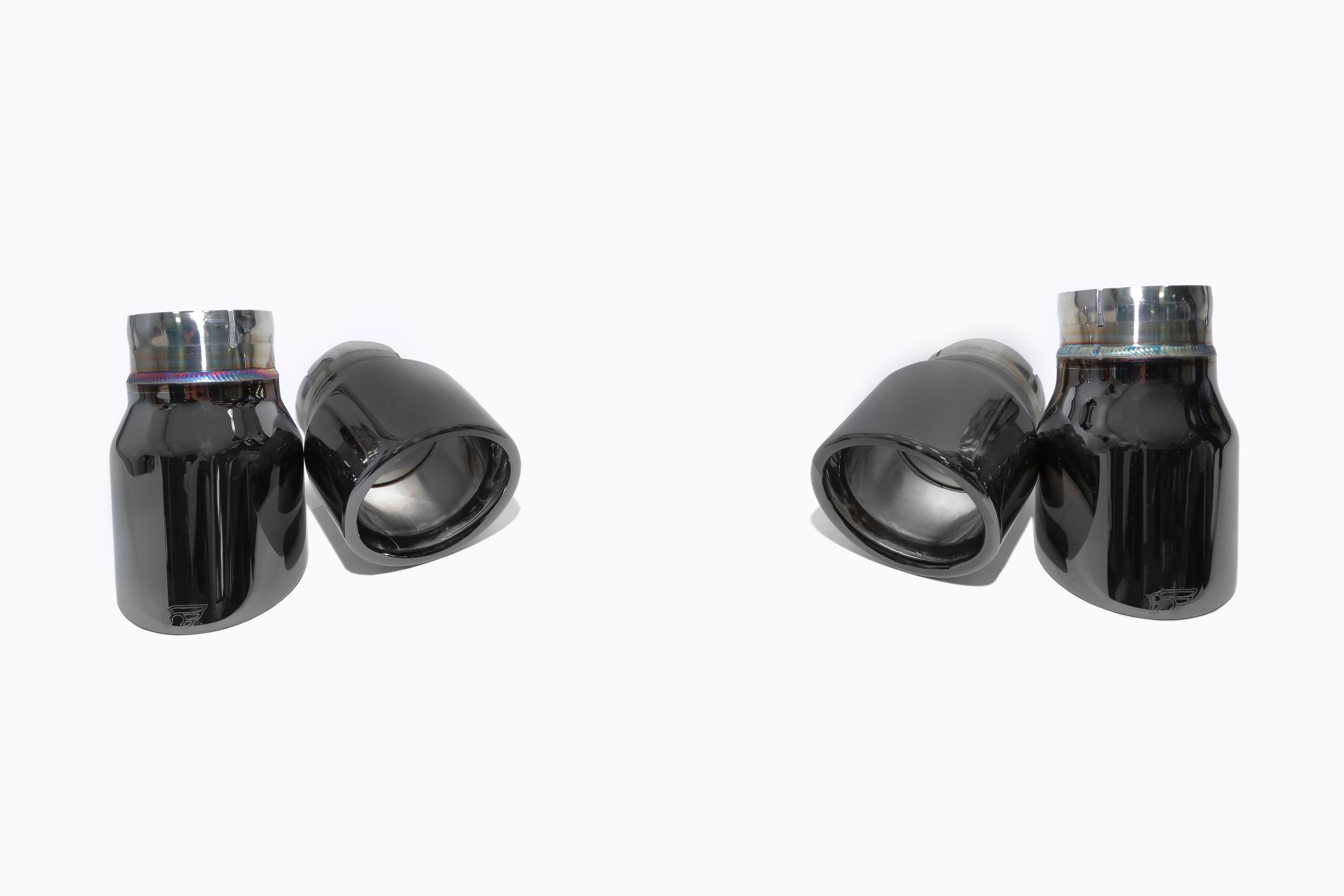 A front wide view of the chrome black tips of the IPE SS Cat-Back Exhaust System with Remote Control for Audi S3 8V Sedan 2013-2020 with white background