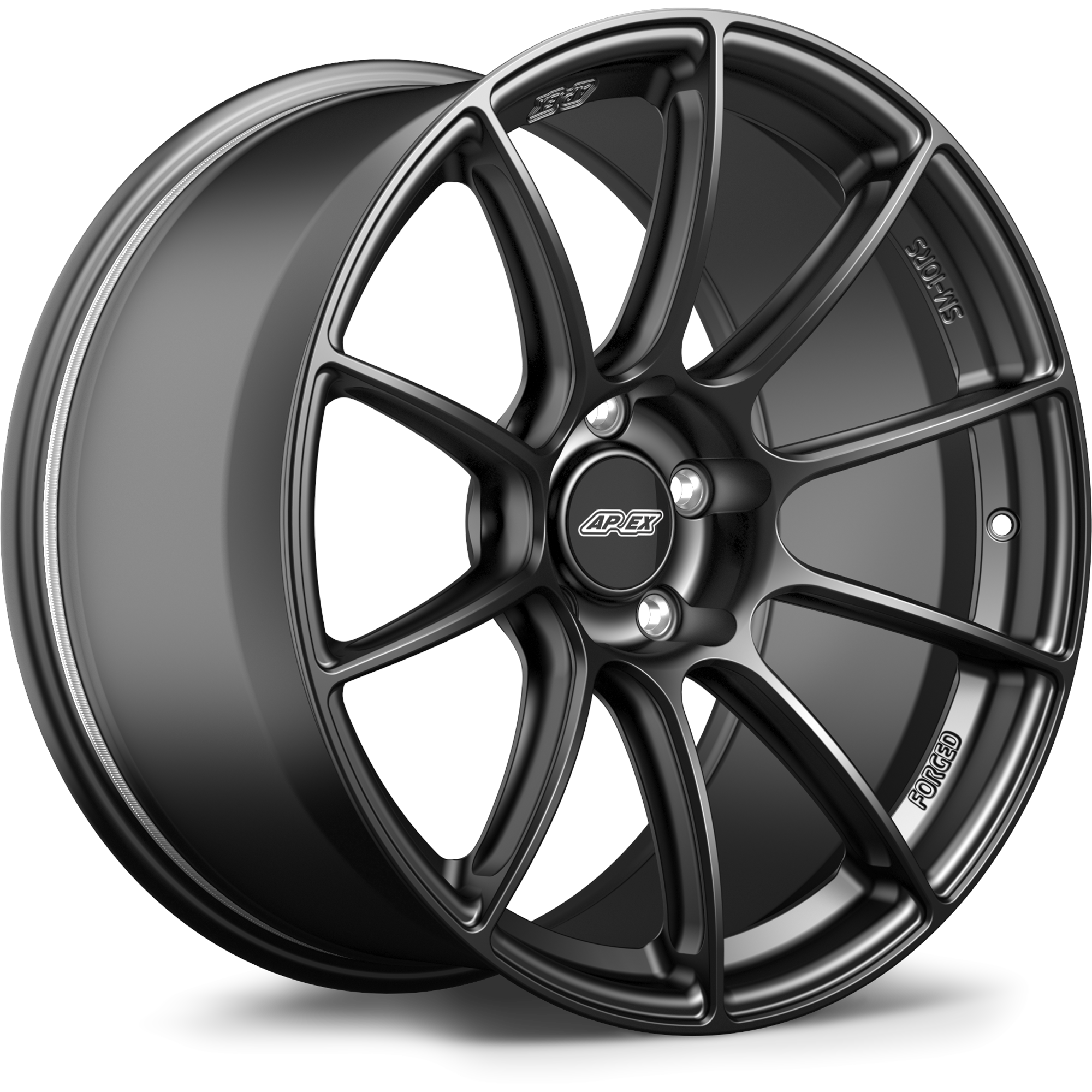 Dark gunmetal forged wheel with ten-spoke design and center cap on white background - APEX Wheels wheel for 19x12.5 ET55 5x120.65 - Satin Black