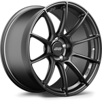 Dark gunmetal forged wheel with ten-spoke design and center cap on white background - APEX Wheels wheel for 19x12.5 ET55 5x120.65 - Satin Black