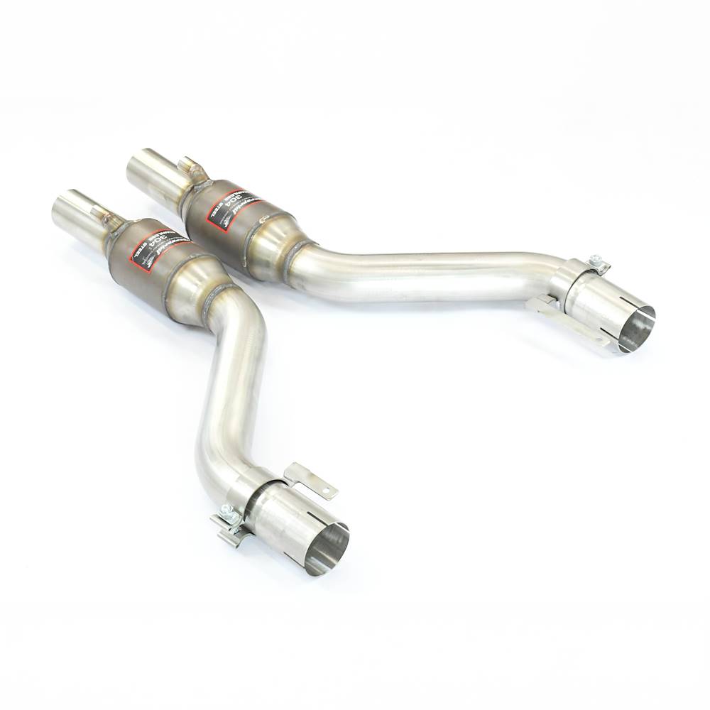 wide side view of Supersprint Front exhaust with Metallic catalytic converter right + left for BMW E90 M3 2008-2011 4.0 V8 with white background