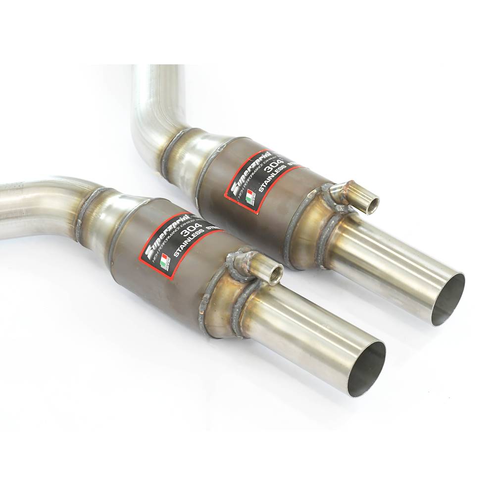 close top view of Supersprint Front exhaust with Metallic catalytic converter right + left for BMW E90 M3 2008-2011 4.0 V8 with white background