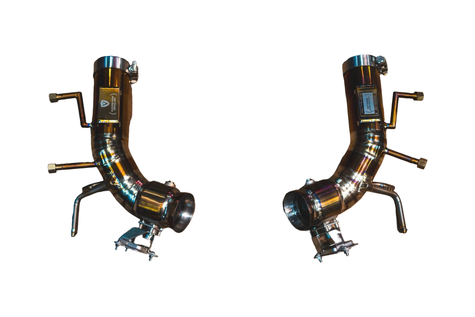 Ferrari 296 GTB GTS Valvetronic exhaust: pair of pipe sections with brackets and clamps on white