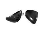 A side and front view of AUTOTECKNIC REPLACEMENT DRY CARBON MIRROR COVERS - PORSCHE 958 CAYENNE 2011–2014 with white background