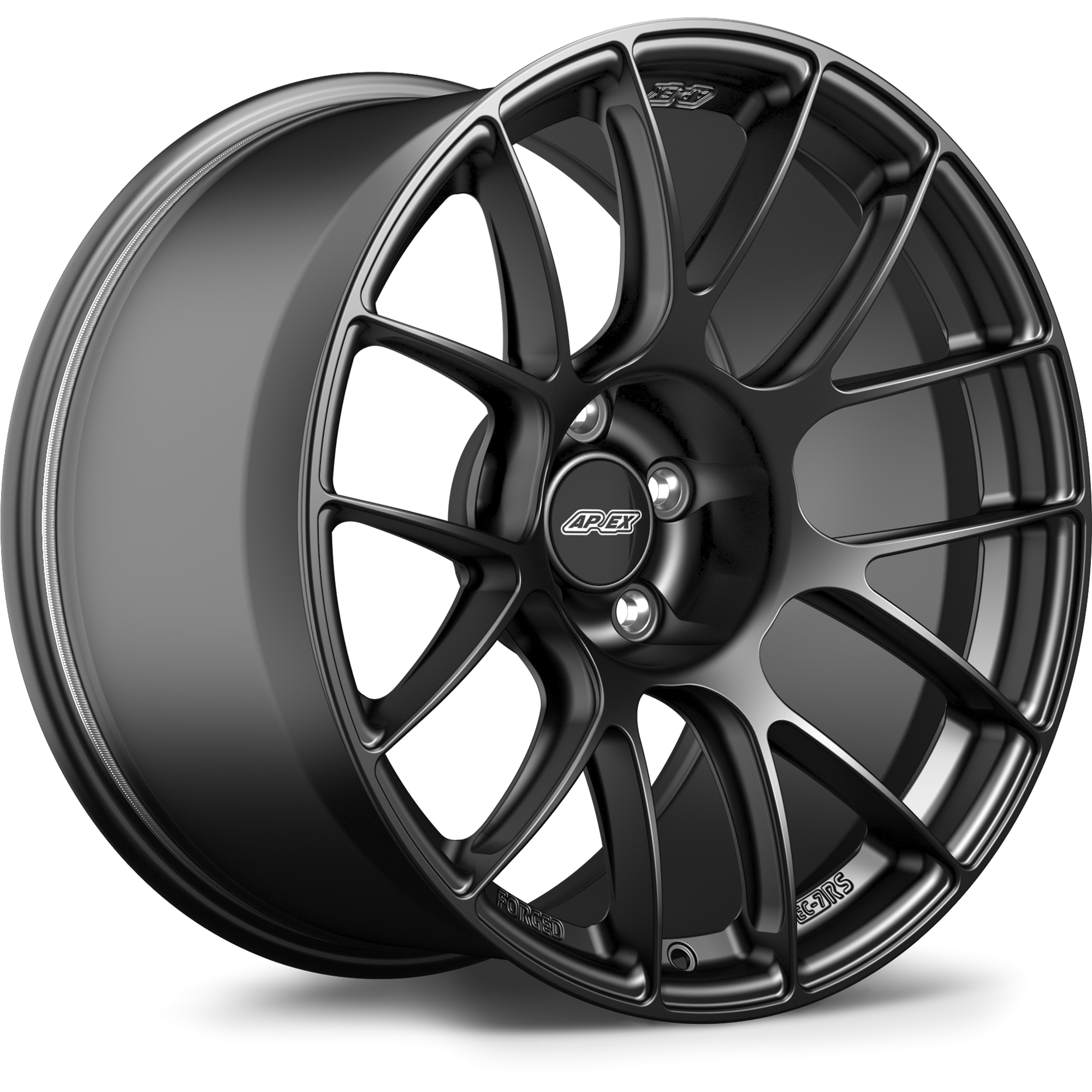 Dark gunmetal finished alloy wheel with multi-spoke design and center cap on white background - APEX Wheels wheel for 19x10.5 ET25 5x120 - Satin Black