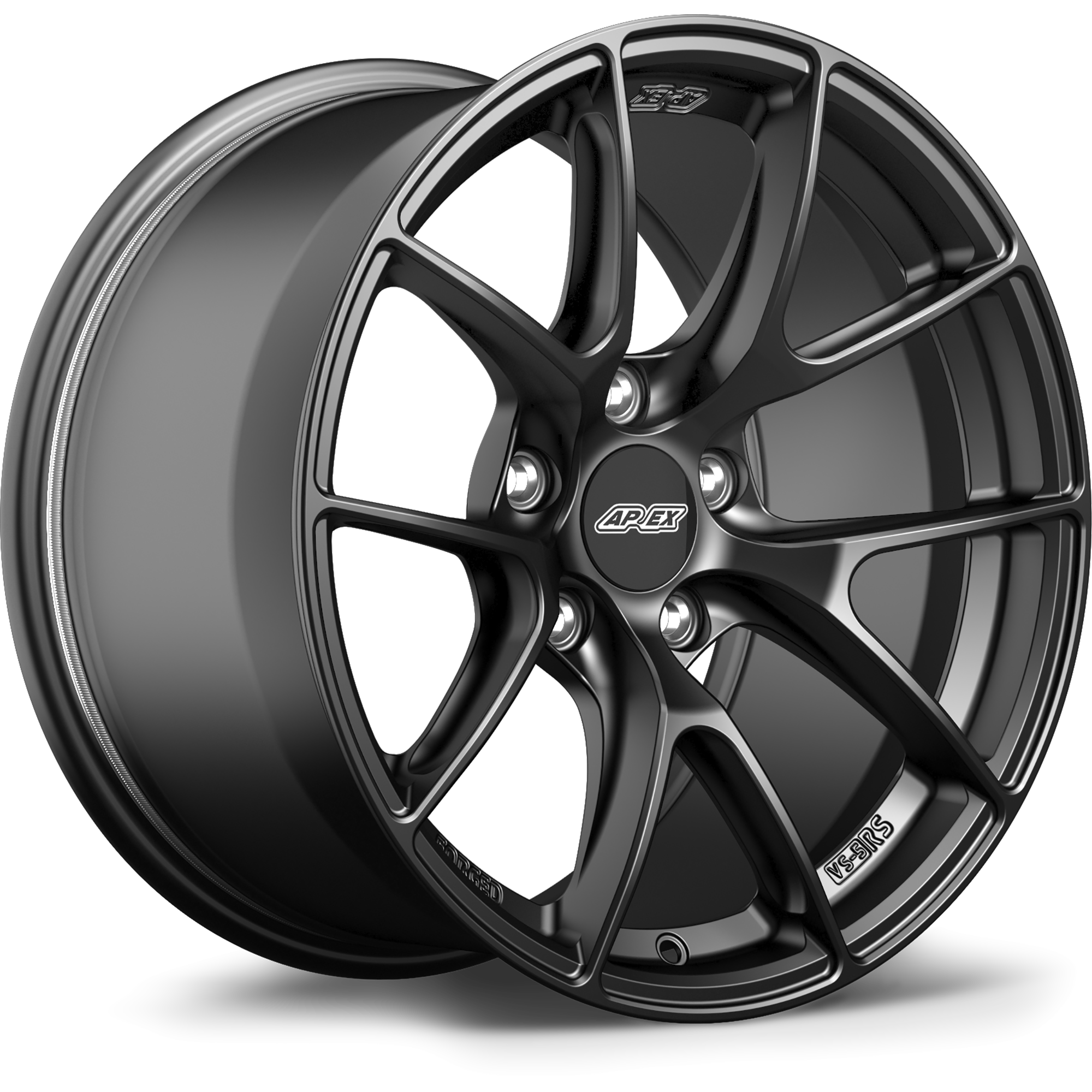 Dark gunmetal alloy wheel with five-spoke design and machined center cap on white background - APEX Wheels wheel for 17x9.5 ET35 5x120 - Satin Black