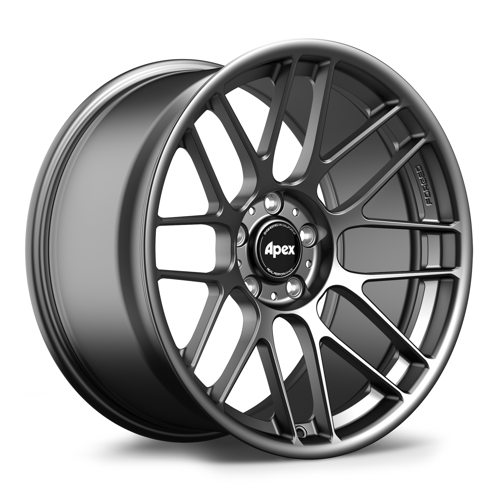 Gunmetal grey alloy wheel with multi-spoke design and center cap on clean white background - APEX Wheels wheel for 19x9.5 ET22 5x120 - Satin Black