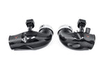Two carbon fiber turbo inlets with aluminum coupling bands positioned side by side on white background - Eventuri turbo inlet for BMW G90 G99 M5