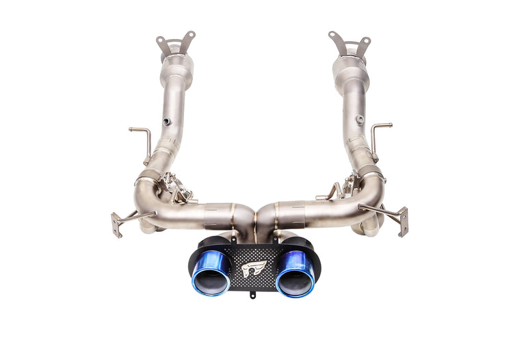 A front wide view of IPE SS Titanium Cat-Back Exhaust System for Ferrari 458 Italia / Spider 2010-2015 with white background