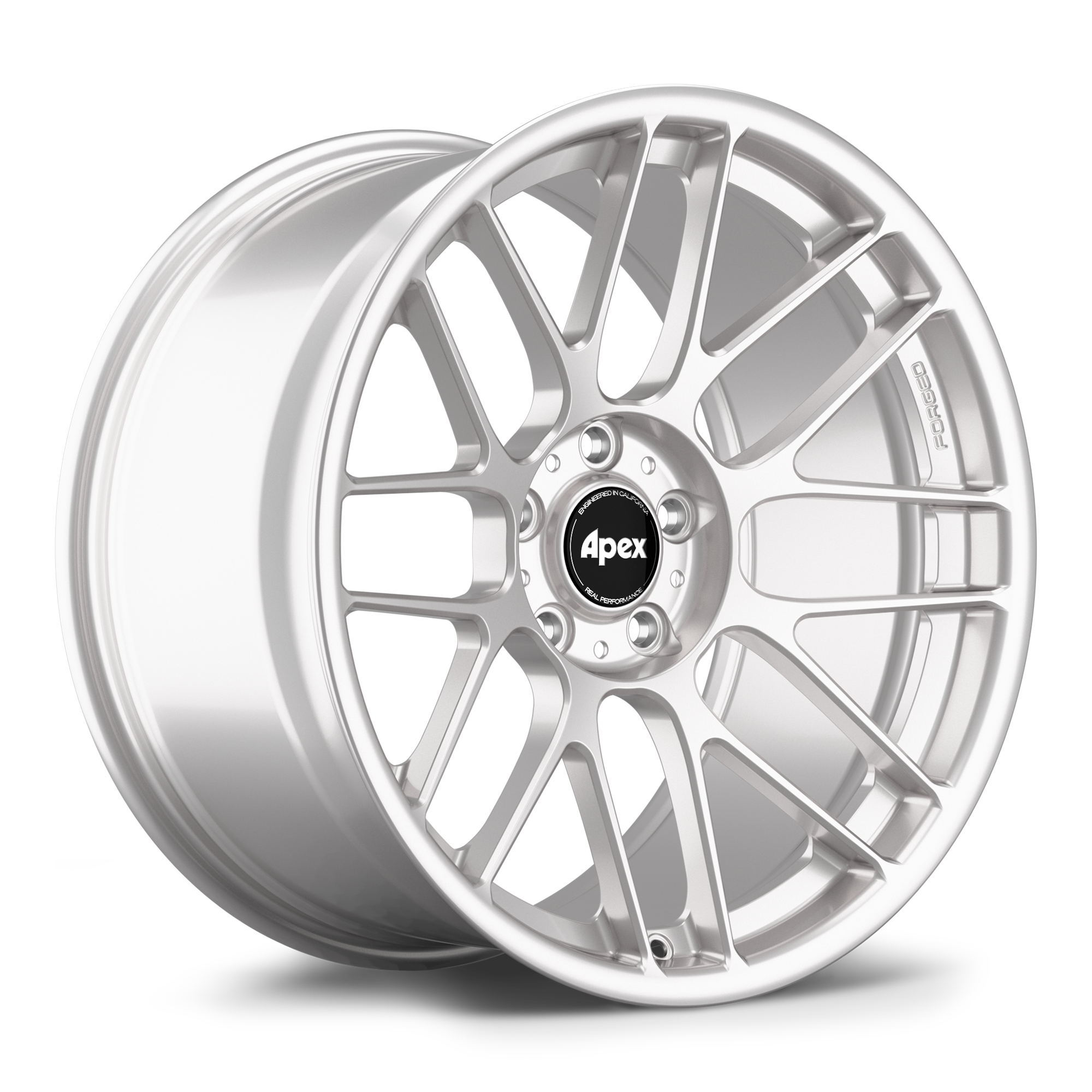 Silver machined alloy wheel with multi-spoke design and black center cap featuring white logo text - APEX Wheels wheel for 19x9 ET30 5x120 - Race Silver