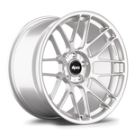 Silver cast aluminum wheel with multi-spoke design and black center cap displaying APEX branding on white background - APEX Wheels wheel for 19x9.5 ET22 5x120 - Race Silver