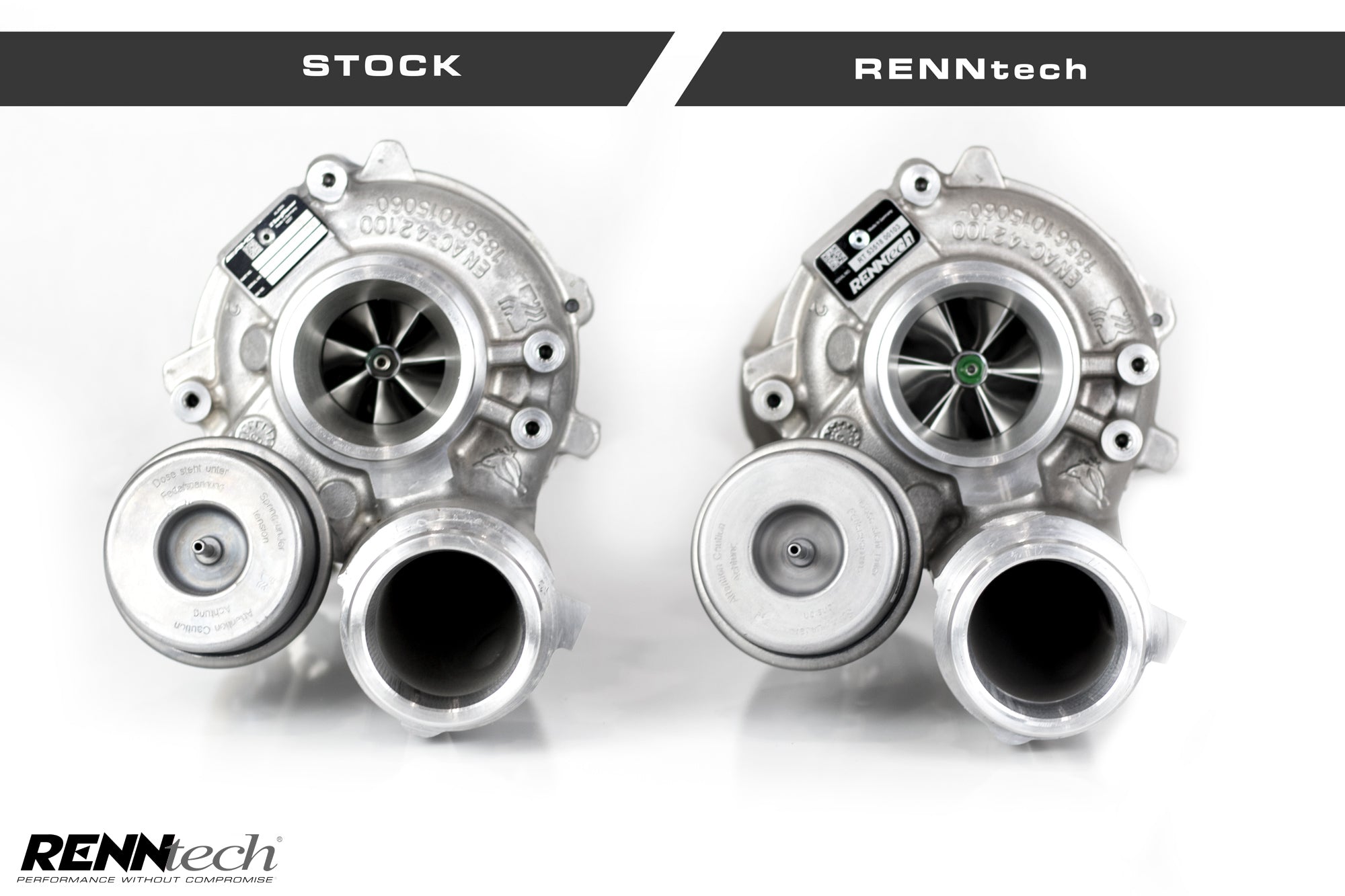 Stock turbo beside the RennTech upgraded turbo - R3 Performance Package for the 2016-2021 AMG GT S