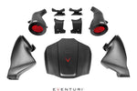 Complete carbon fiber cold air intake system with dual red conical filters and matching airbox displayed on white background - Eventuri cold air intake for Mercedes-Benz C190 AMG GT S R190 AMG GT C AMG GT R AMG GT