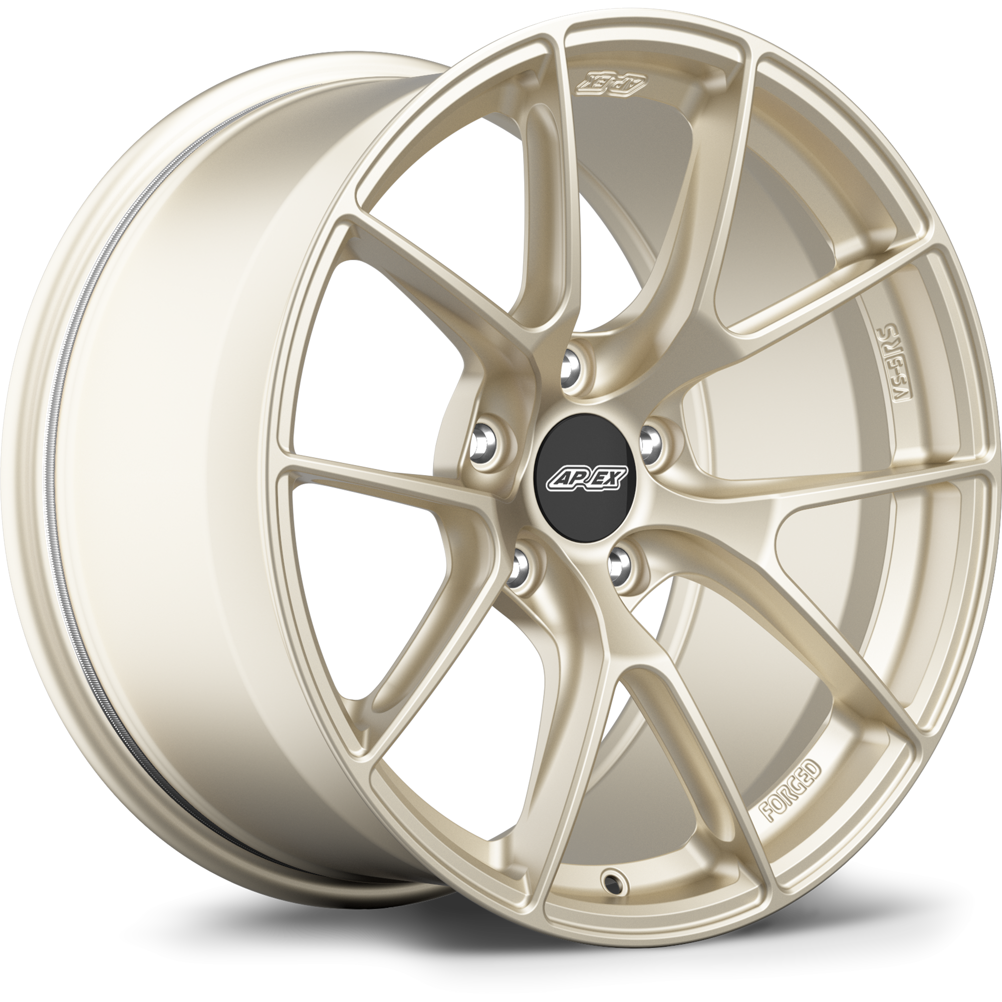 Champagne gold alloy wheel with ten-spoke design and black center cap on white background - APEX Wheels wheel for 18x9 ET25 5x112 - Motorsport Gold