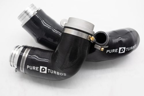 A front overview of parts of Pure Turbos BMW N55 PURE750 Turbo Upgrade on a white background