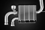 Close-up of Capristo Cayenne GTS valved muffler with valve actuator and twin polished outlets