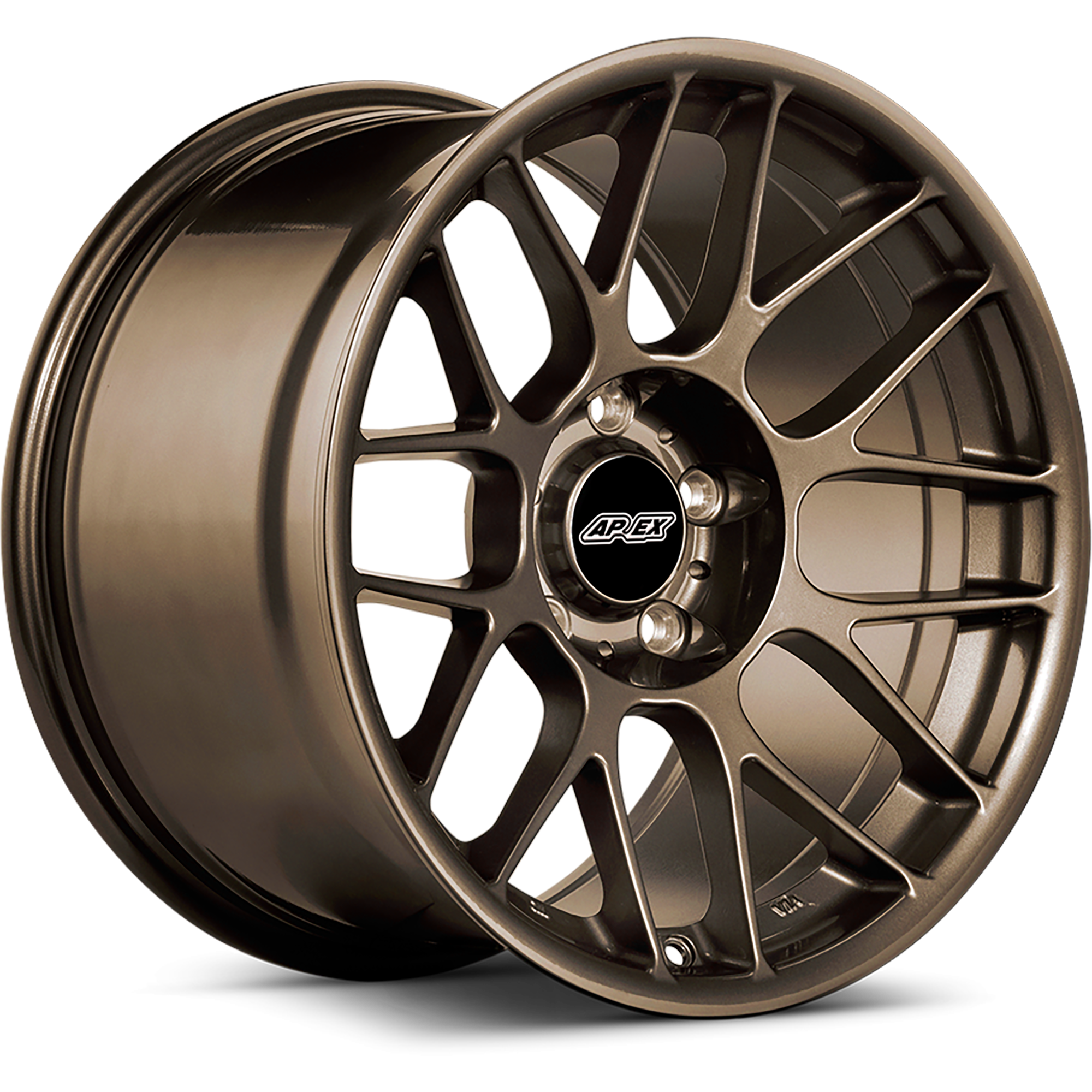 Bronze colored alloy wheel with multi-spoke design and center cap, isolated on white background - APEX Wheels wheel for 19x11 ET36 5x120 - Satin Bronze