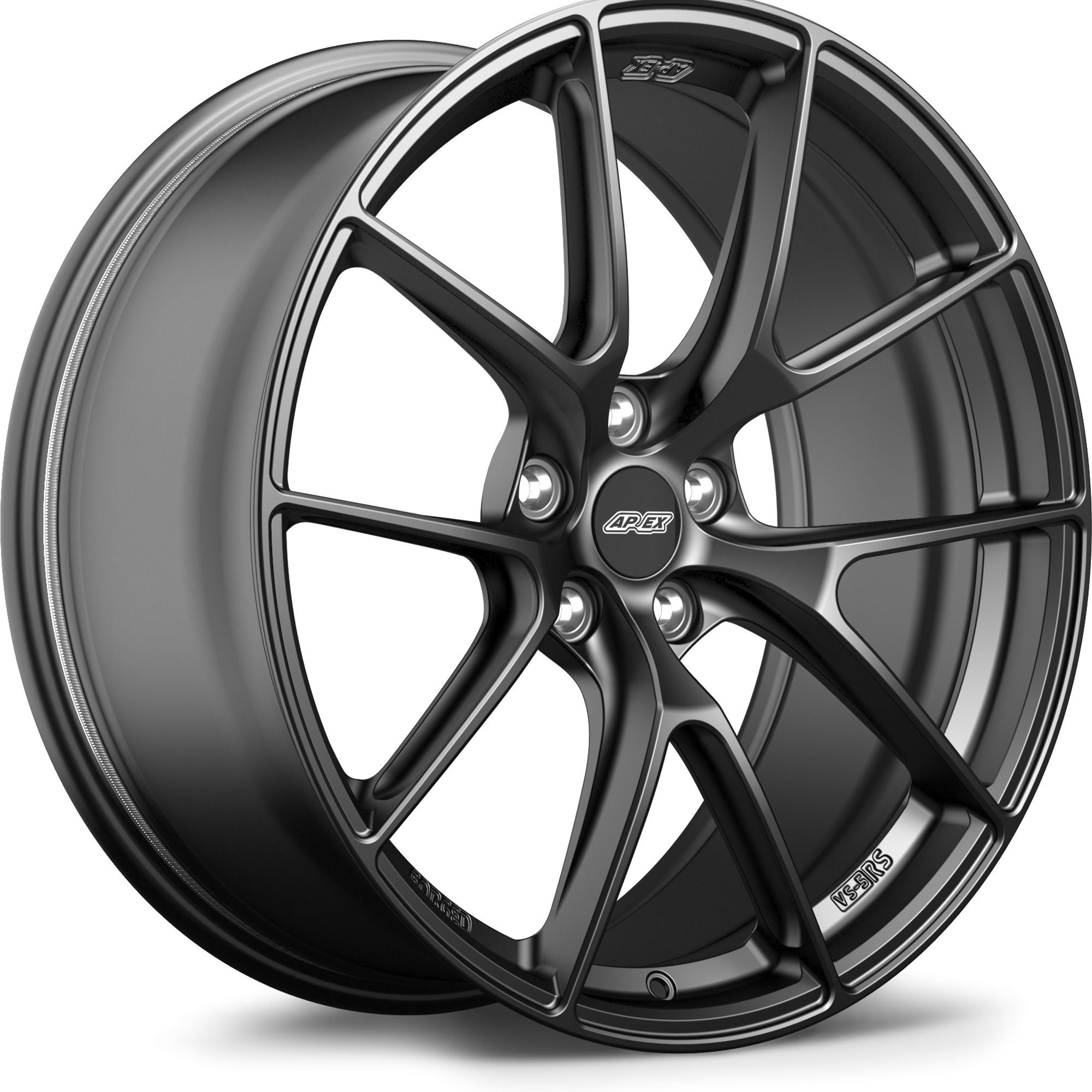 Dark grey alloy wheel with ten-spoke design, five-bolt pattern, and machined center cap on white background - APEX Wheels wheel for 20x9 ET25 5x112 - Satin Black