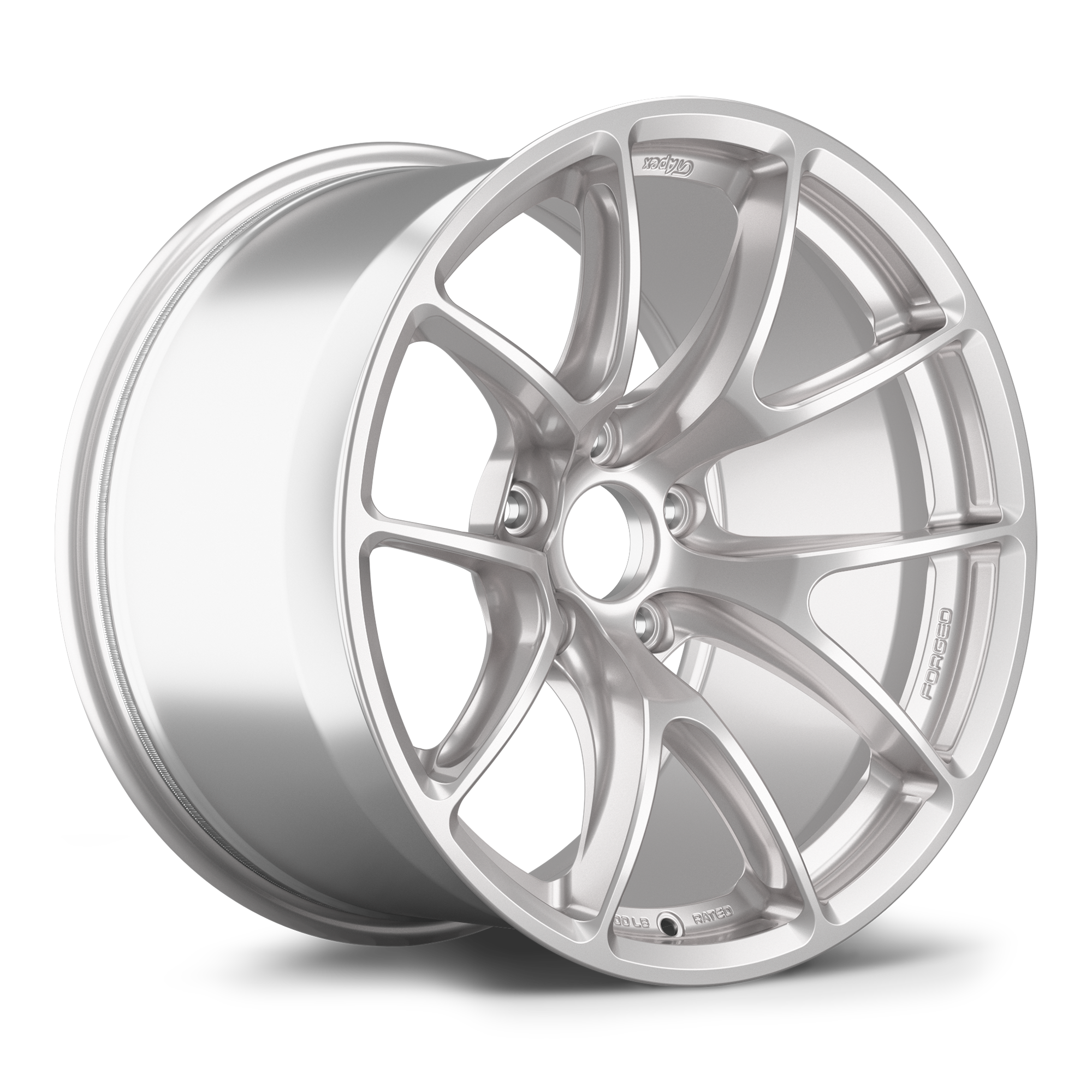 Silver aluminum wheel with Y-spoke design, showing side profile and face with five bolt holes and center hub - APEX Wheels wheel for 18x11 ET25 5x120 - Race Silver