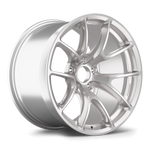 Silver aluminum wheel with Y-spoke design, showing side profile and face with five bolt holes and center hub - APEX Wheels wheel for 18x11 ET25 5x120 - Race Silver