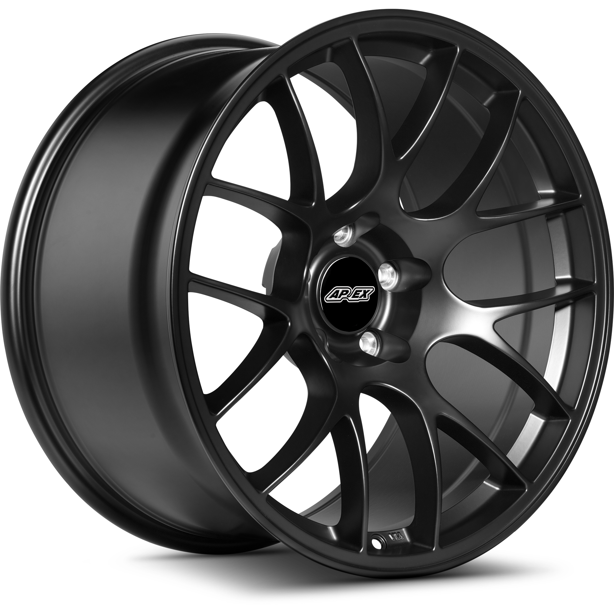 Black alloy wheel with multi-spoke design and center cap, isolated on white background - APEX Wheels wheel for 19x11 ET44 5x120 - Satin Black