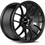Black alloy wheel with multi-spoke design and center cap, isolated on white background - APEX Wheels wheel for 19x11 ET44 5x120 - Satin Black