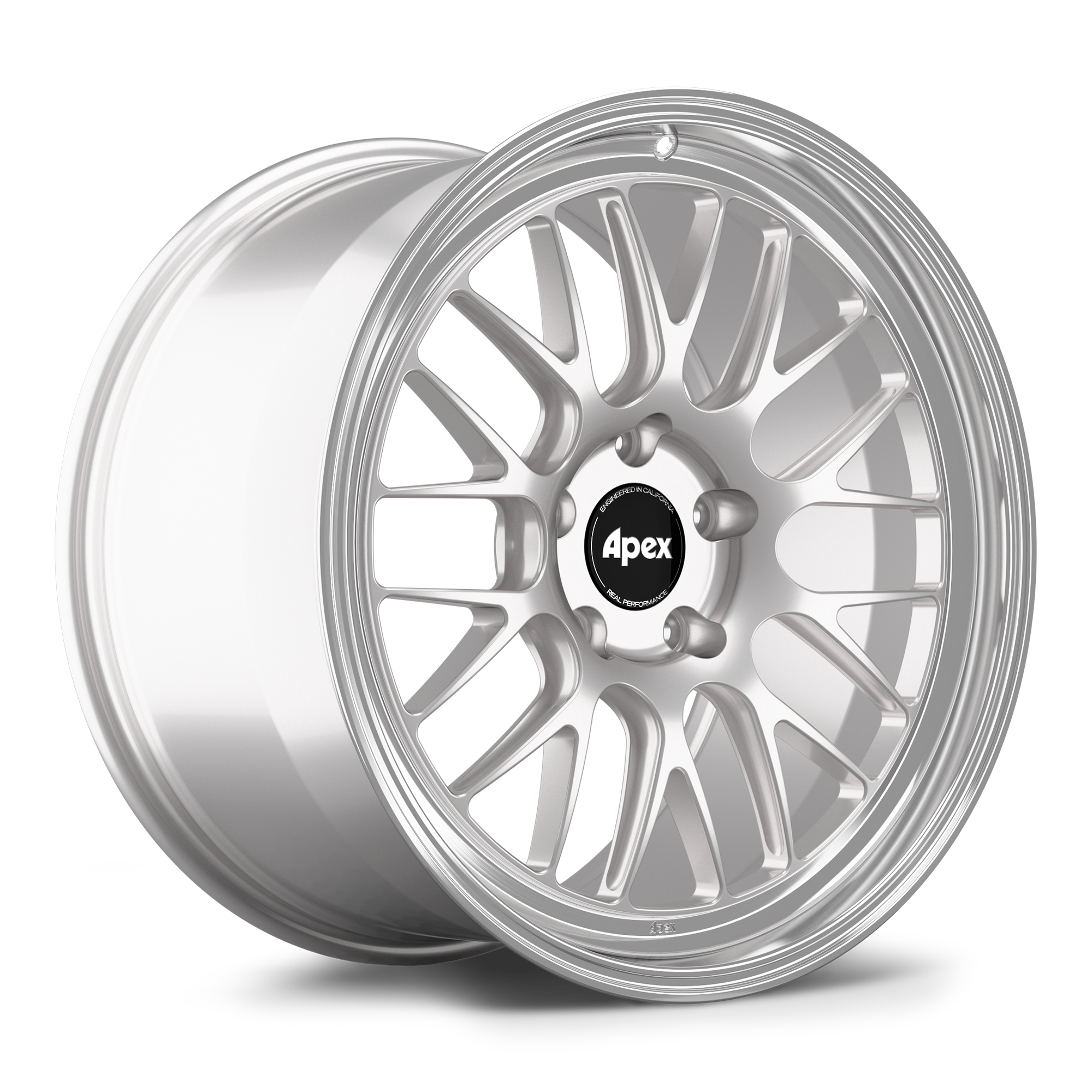 Silver multi-spoke forged wheel with black center cap displaying angled view on white background - APEX Wheels wheel for 20x11 ET50 5x130 - Race Silver - Machined Lip
