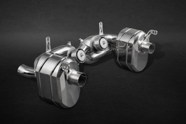 wide view of Capristo Valved Exhaust for Ferrari 458 Speciale 2013-2015 with black background