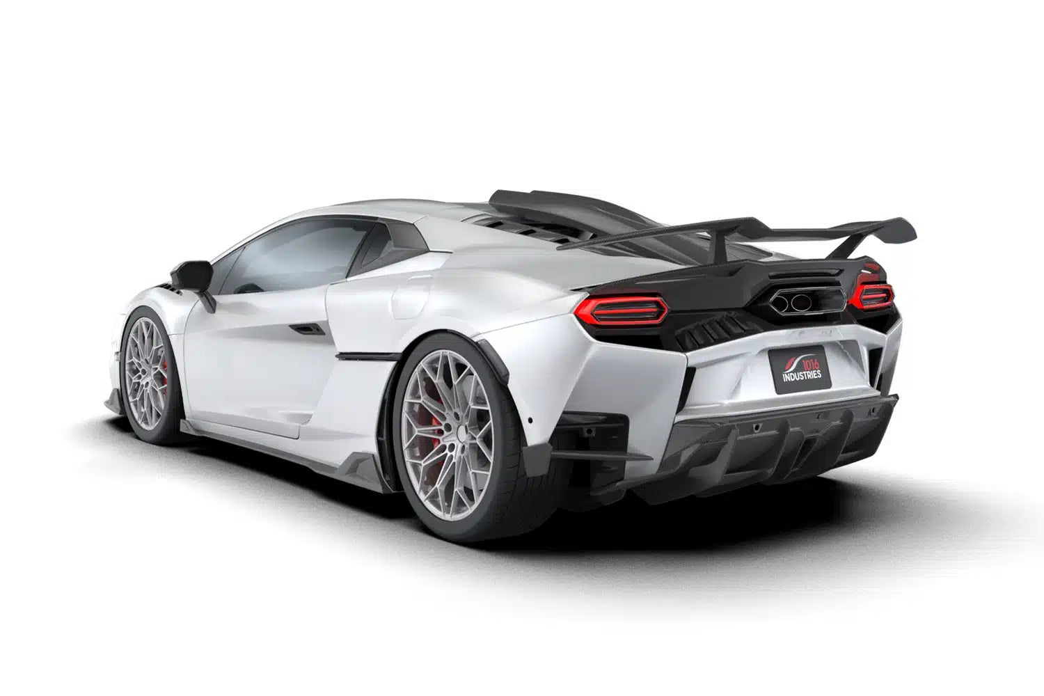 White Lamborghini Temerario rear three-quarter showing the carbon hatch louvers, render