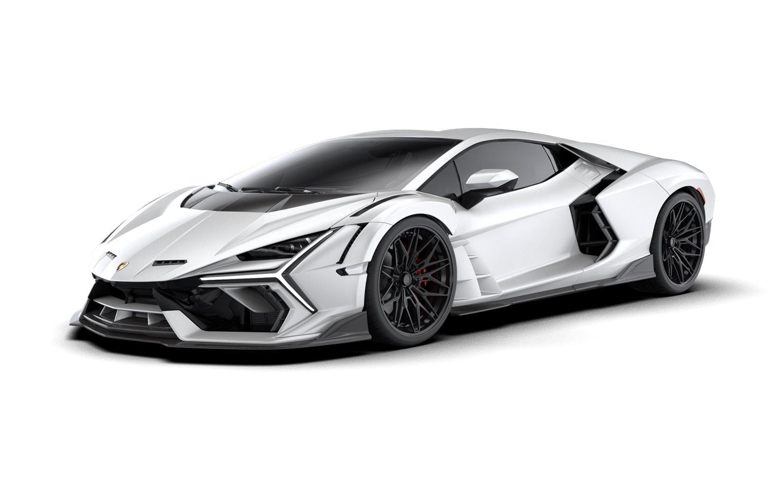Render of a white Lamborghini Revuelto with carbon front lip