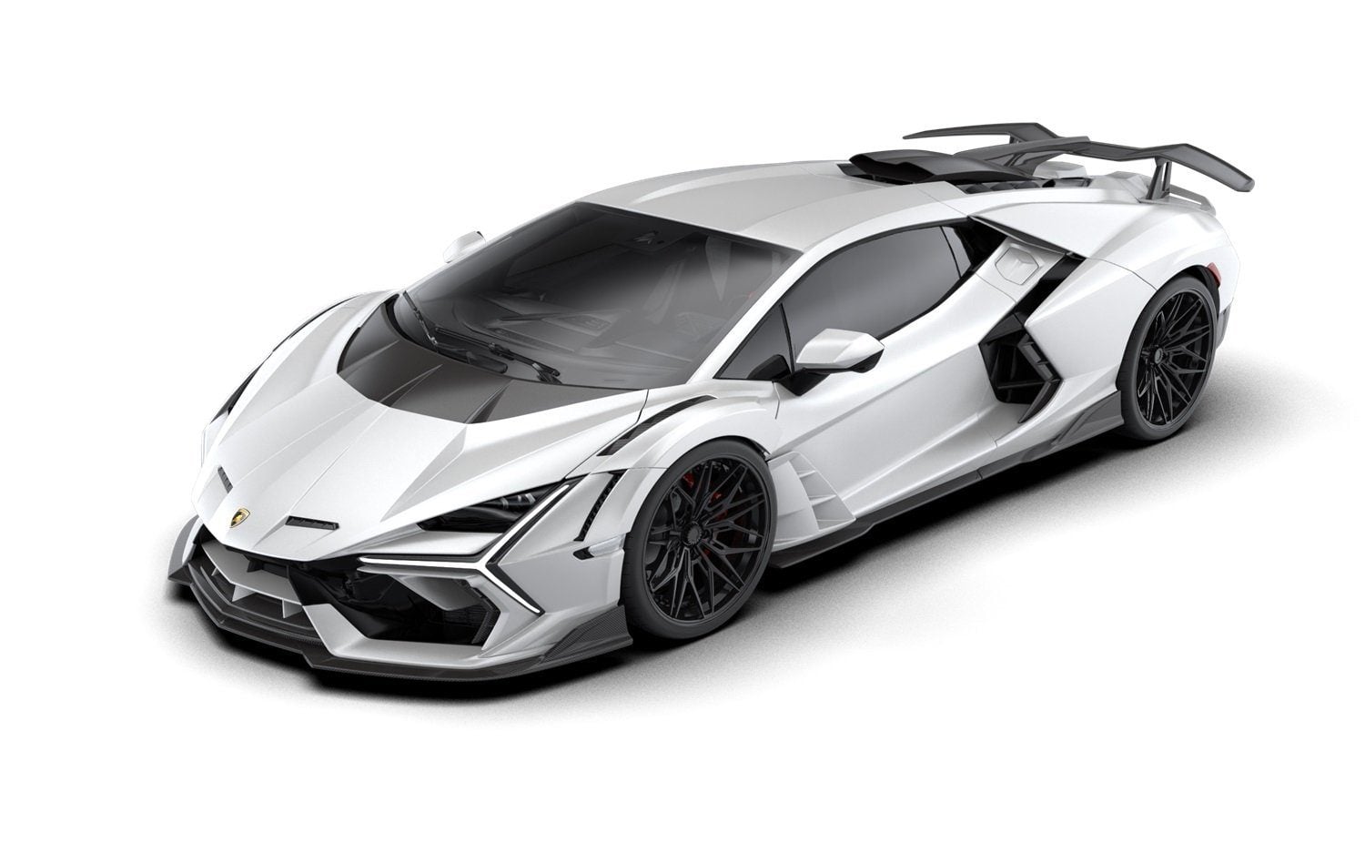 Render of a white Lamborghini Revuelto with the race hood