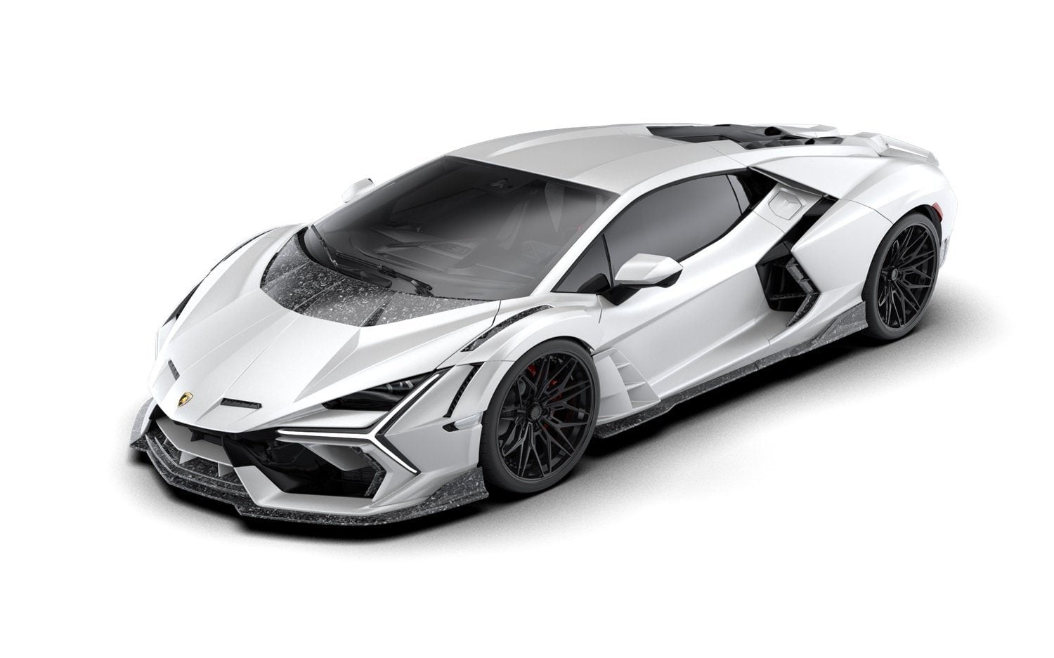 Render of a white Lamborghini Revuelto with vented front fenders