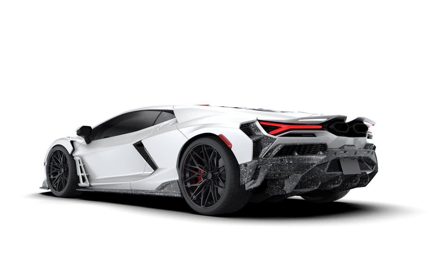 Render of a white Lamborghini Revuelto rear three-quarter with door blades