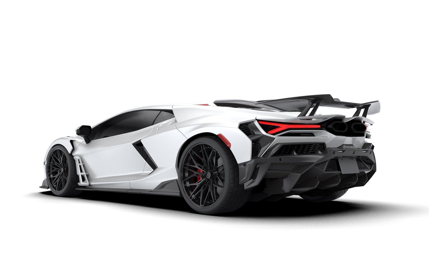 Render of a white Lamborghini Revuelto rear three-quarter with side skirts