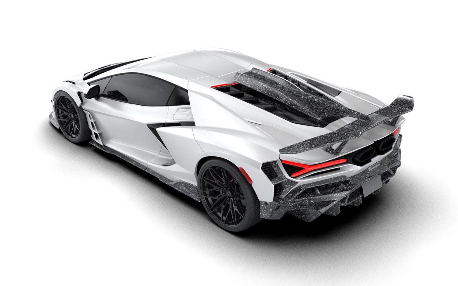 Render of a white Lamborghini Revuelto rear three-quarter with fixed race spoiler