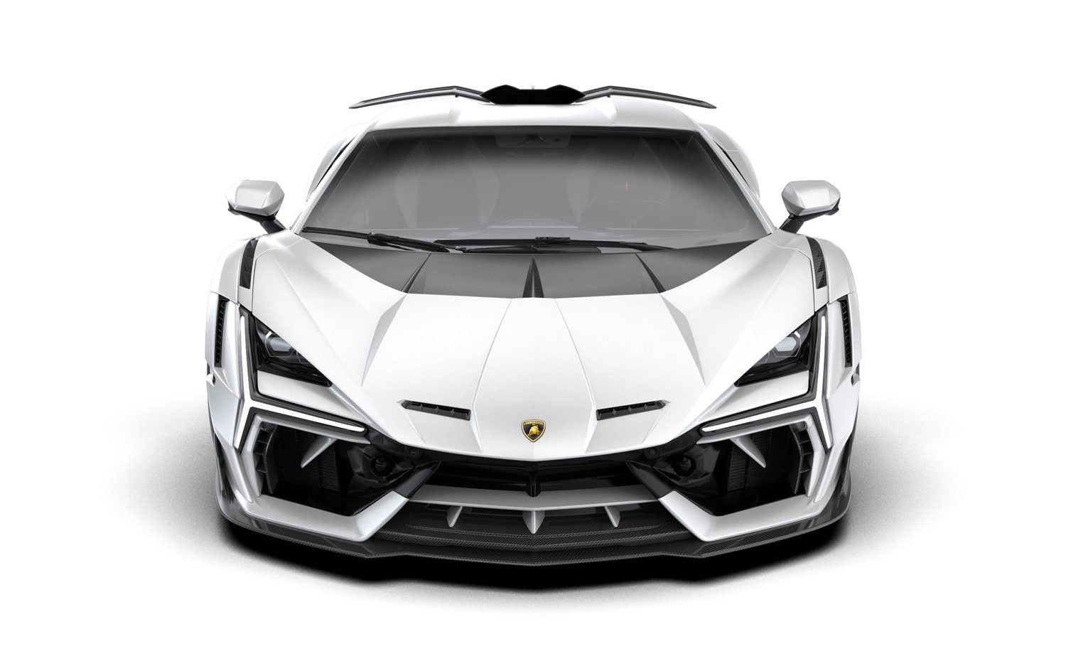 White Lamborghini Revuelto head-on render showing the front lip