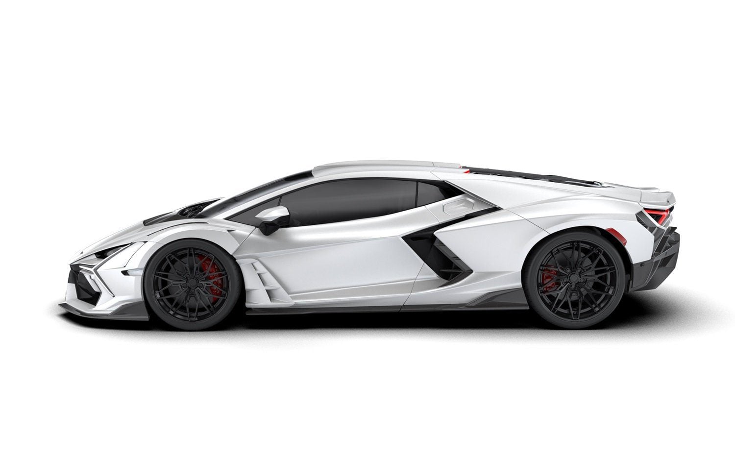 Render of a white Lamborghini Revuelto side profile with active race spoiler