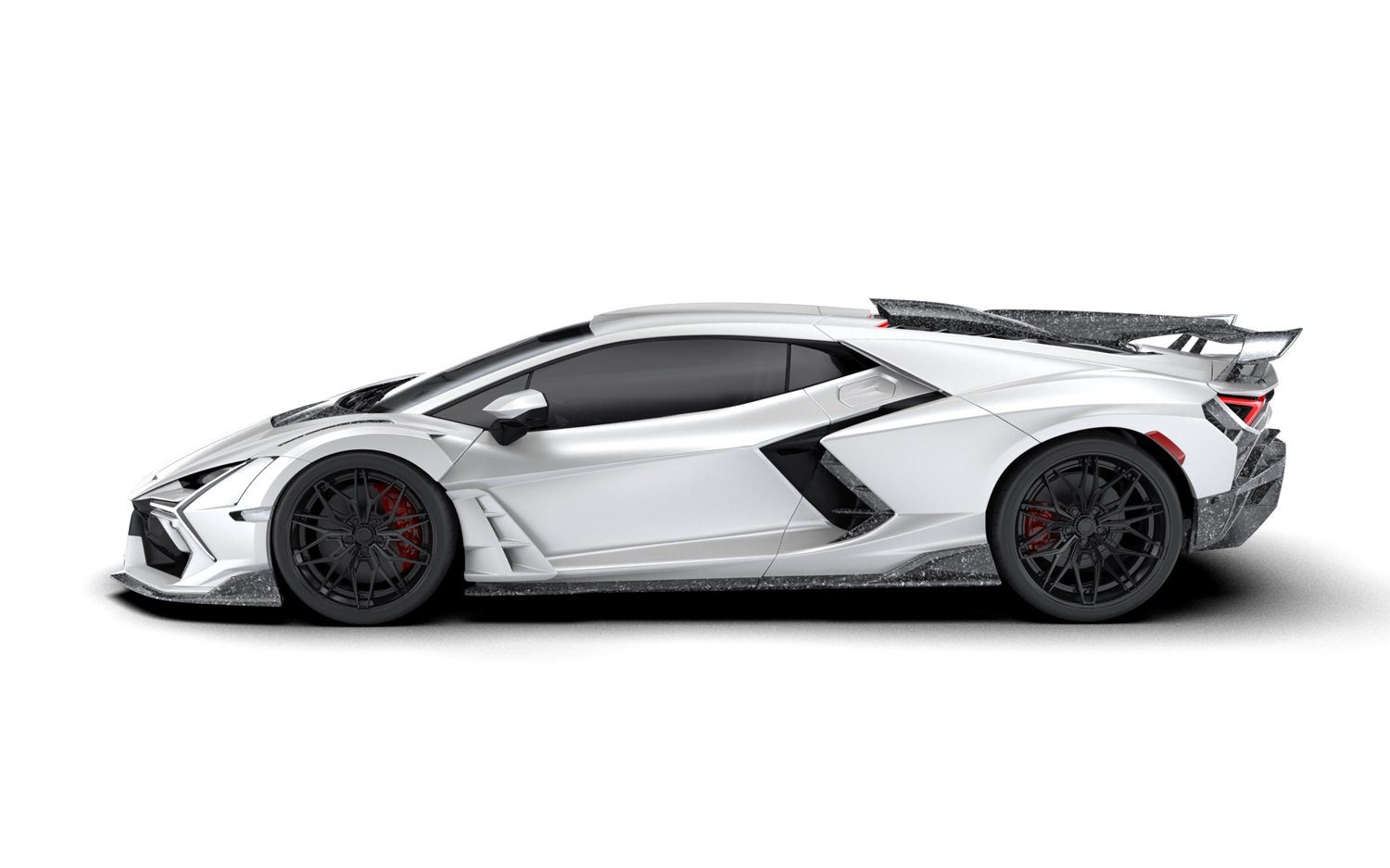 Render of a white Lamborghini Revuelto Vision widebody, side profile