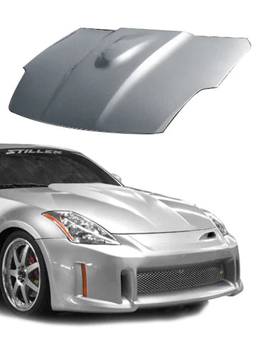 wide view of Stillen Power Hood [Fiberglass Series 1] for Nissan 350Z [Z33] 2003-2006 fitted inside a car