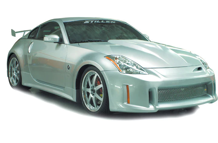 wide view of Stillen Power Hood [Fiberglass Series 1] for Nissan 350Z [Z33] 2003-2006 fitted inside a car