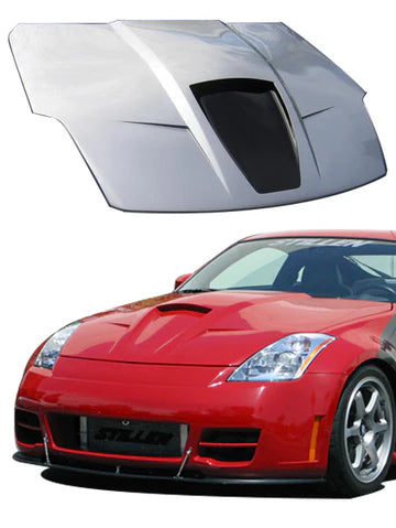 wide view of Stillen Power Hood [Fiberglass Series 2] for Nissan 350Z [Z33] 2003-2006 fitted inside a car