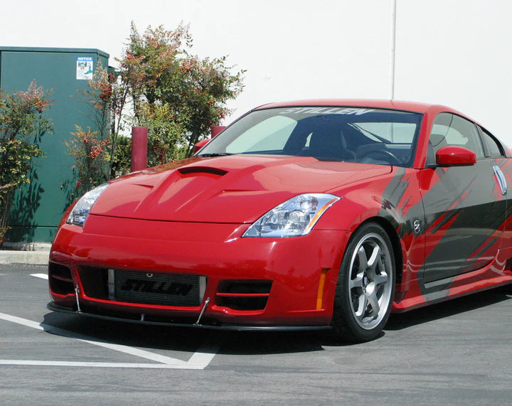 wide view of Stillen Power Hood [Fiberglass Series 2] for Nissan 350Z [Z33] 2003-2006 fitted inside a car