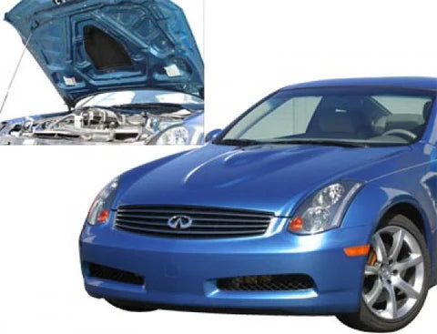 wide view of Stillen Power Hood [Fiberglass] for Infiniti G35 Coupe 2003-2007 fitted inside a car