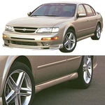 wide + close view of Stillen Side Skirt [Passenger Side] for Nissan Maxima 1995-1999 fitted inside a car