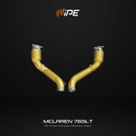 IPE gold-wrapped downpipes for the McLaren 765LT, same part numbers as the 750S