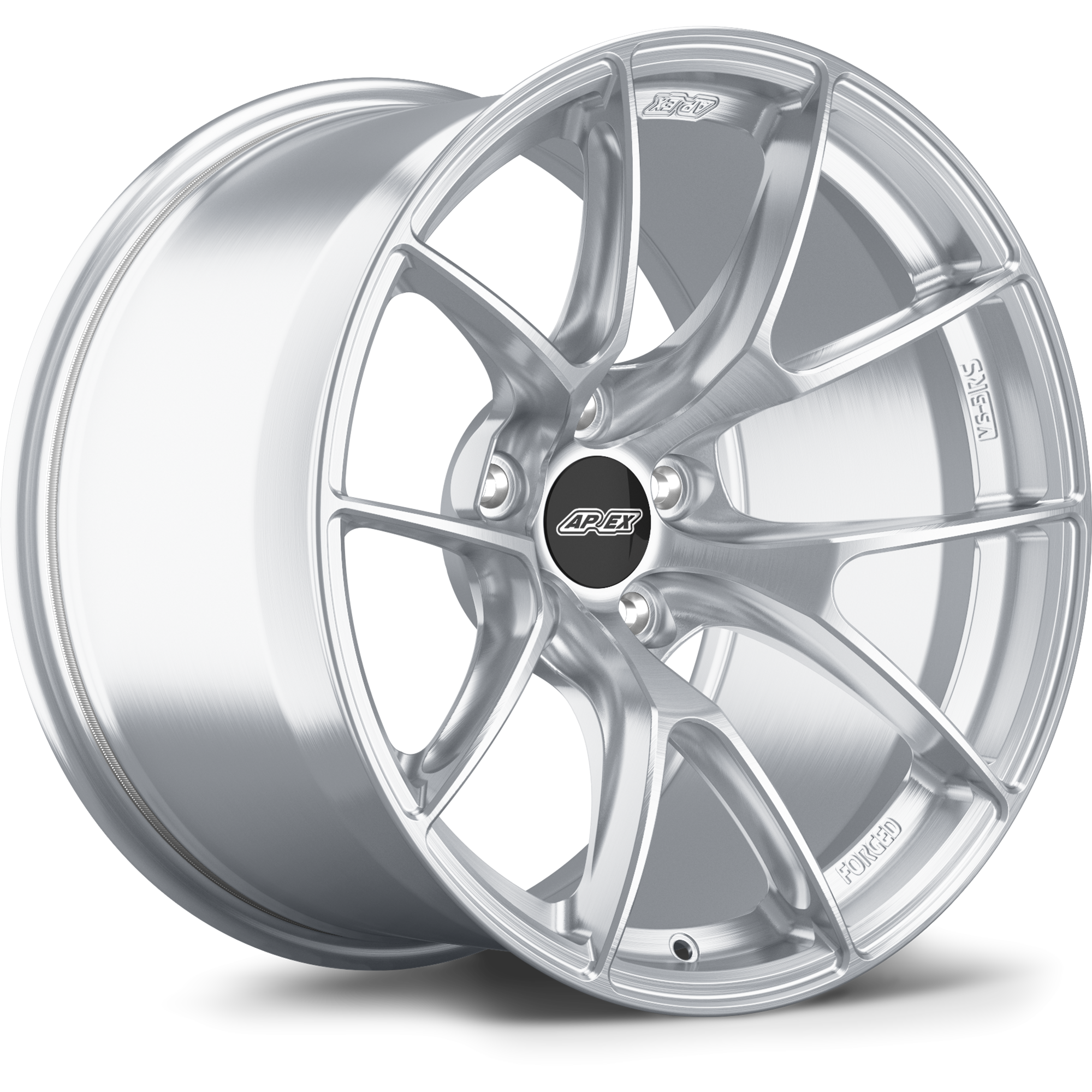 Silver alloy wheel with split five-spoke design shown at angle on clean white background - APEX Wheels wheel for 18x10.5 ET18 5x112 - Brushed Clear