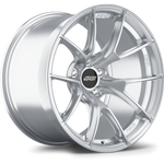 Silver alloy wheel with split five-spoke design shown at angle on clean white background - APEX Wheels wheel for 18x10.5 ET18 5x112 - Brushed Clear