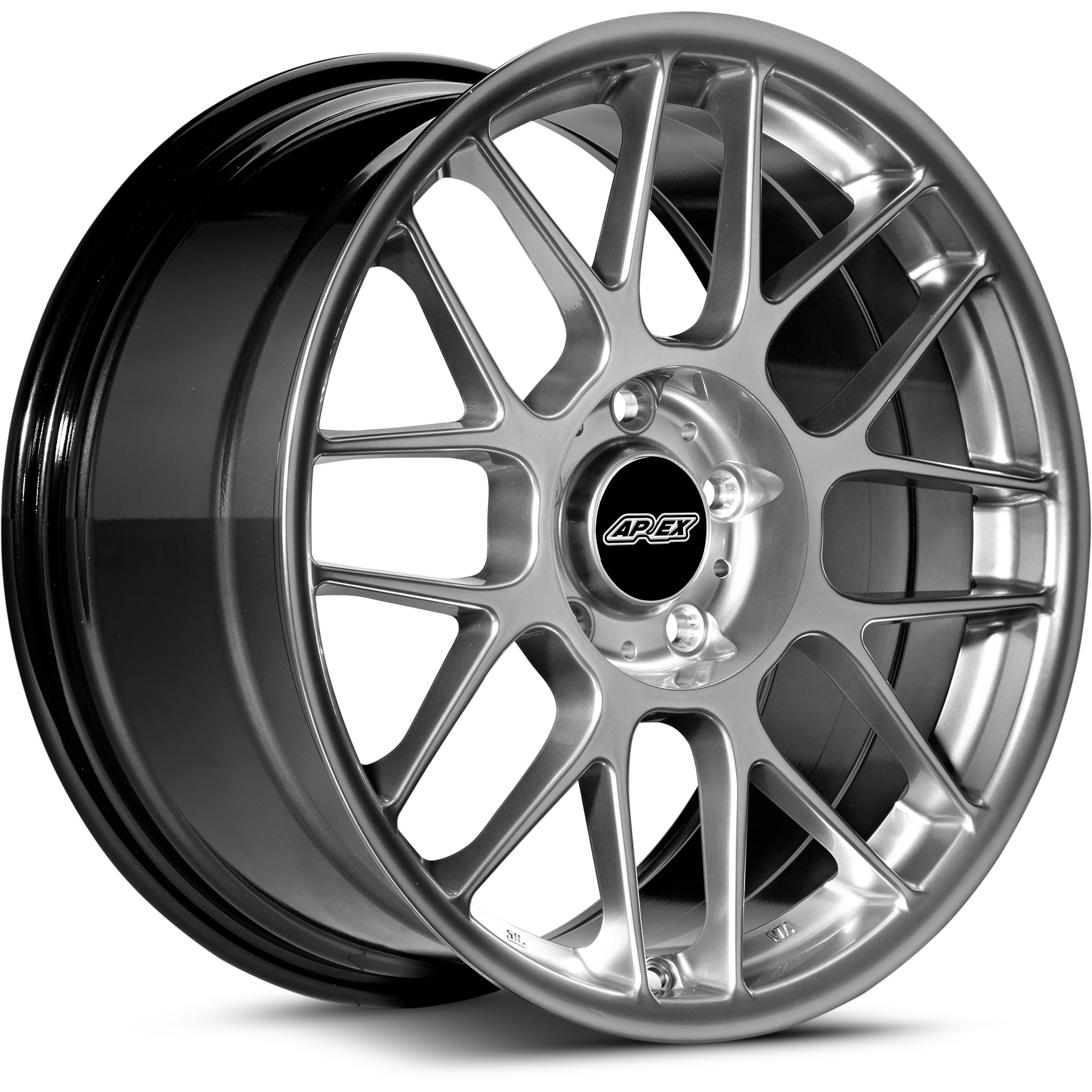 Alloy wheel with silver finish multi-spoke design black center cap with logo isolated on white background - APEX Wheels wheel for 18x8.5 ET35 5x120 - Hyper Black