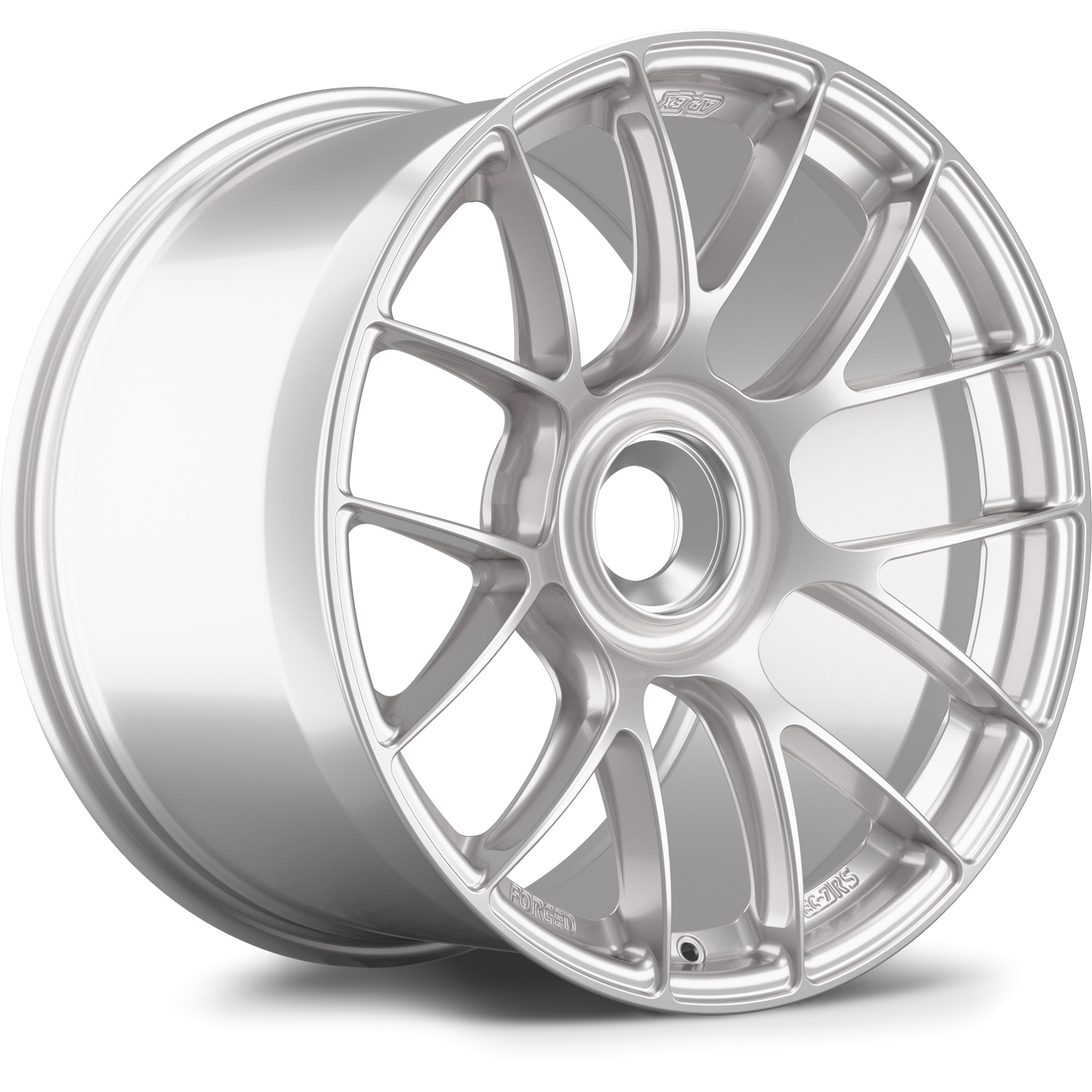 Silver forged aluminum wheel with multi-spoke design and polished finish, shown at three-quarter angle on clean white background - APEX Wheels wheel for 19x12 ET46 PSCL - Race Silver